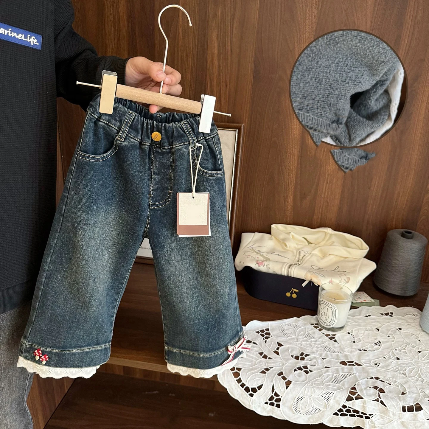 

UNITIM Kids Baby Girls Jeans Winter Lace Plus Fleece Little Girls Demin Pant Versatile Elastic Waist Toddler Girls Wide Leg Pant