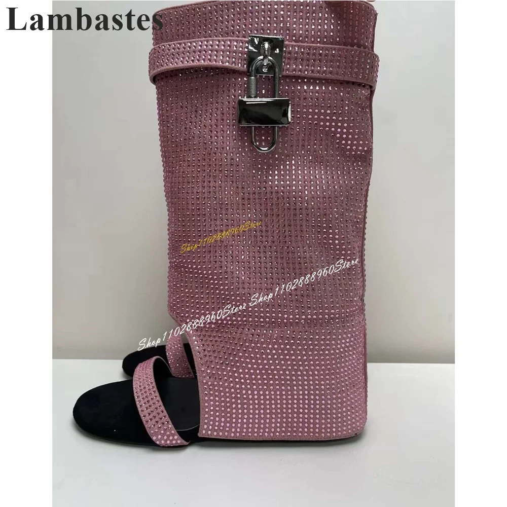 

Mid Calf Pink Blingbling Crystal Lock Decor Sandal Boots Wedges Heel Shoes For Women Slip On Open Toe 2024 Zapatos Para Mujere