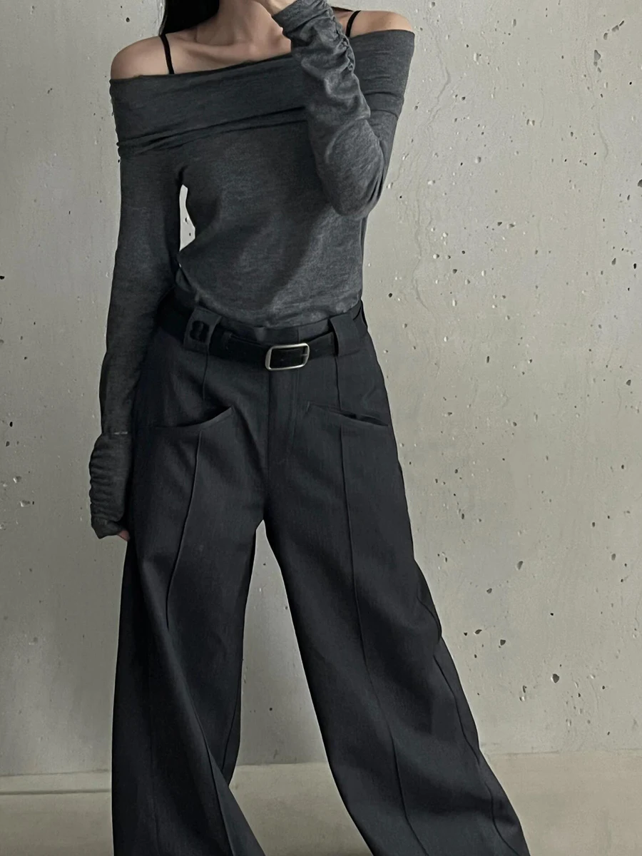 PBAP خمر جيوب المرقعة دعوى بنطلون المرأة عادي فضفاض مطوي واسعة الساق عالية الخصر ثنيات السراويل مكتب ملابس كاجوال #5