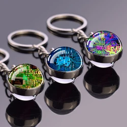Circuit Board Pattern Keychains Double Sided Glass Ball Pendant Key Chains Computer Geek Keyring Creative Fashion Jewelry Gifts