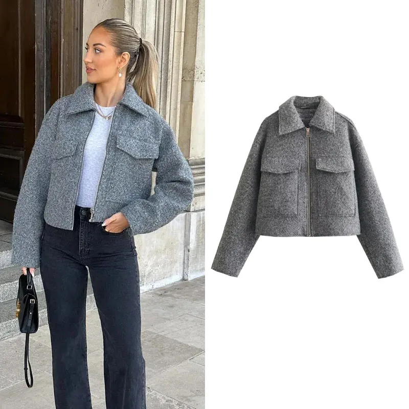 TRAF automne hiver veste courte pour femmes manteau court veste en Tweed fermeture éclair courte Demi-saison veste femme nouveau dans les vêtements d'extérieur