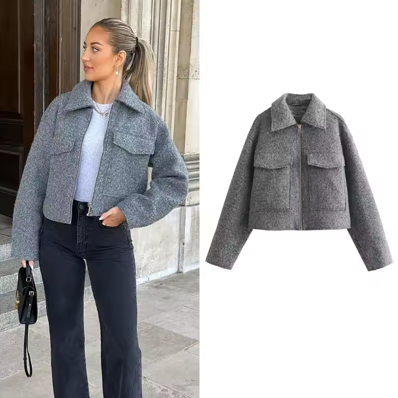 Traf outono inverno jaqueta cortada para mulher casaco curto tweed jaqueta zip colheita demi-temporada jaqueta mulher novo em outerwears