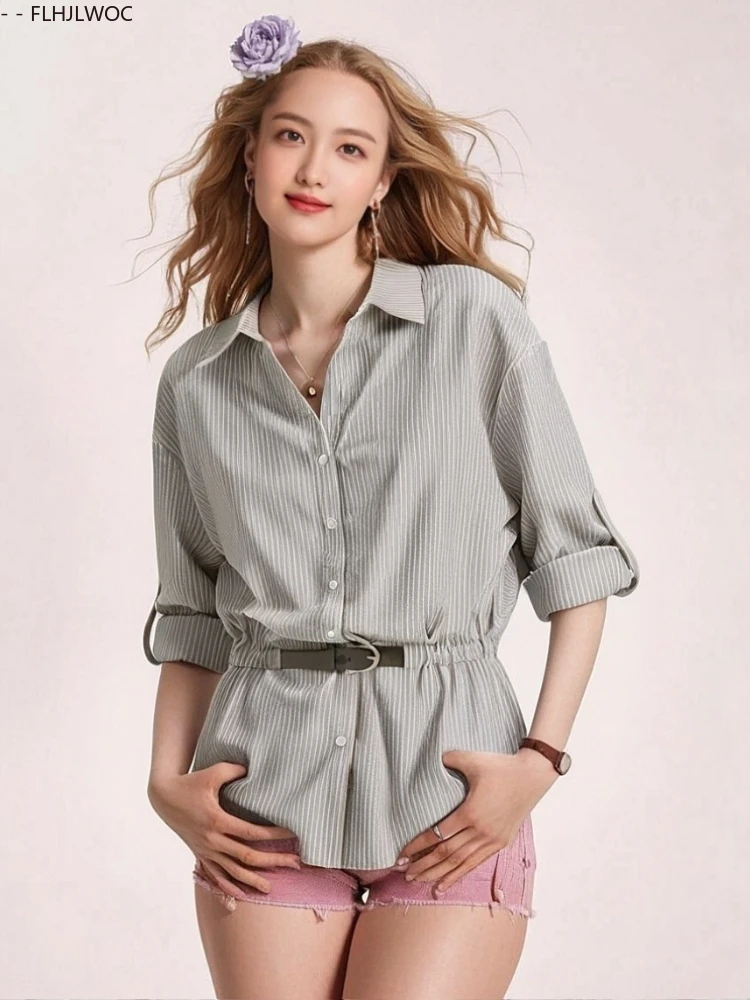 

Рубашки с поясом и гофрировкой, новая мода, шикарные корейские женские рубашки, осень 202, с длинным рукавом и v-образным вырезом, полосатые ретро винтажные топы с баской, блузки