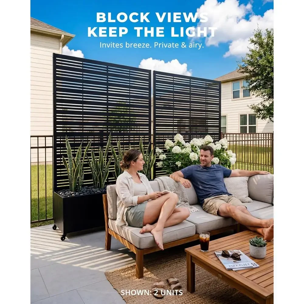 Black Metal Raised Garden Bed with Trellis, 73x47x16, Privacy Planter Box on Wheels, 61 lbs Stable