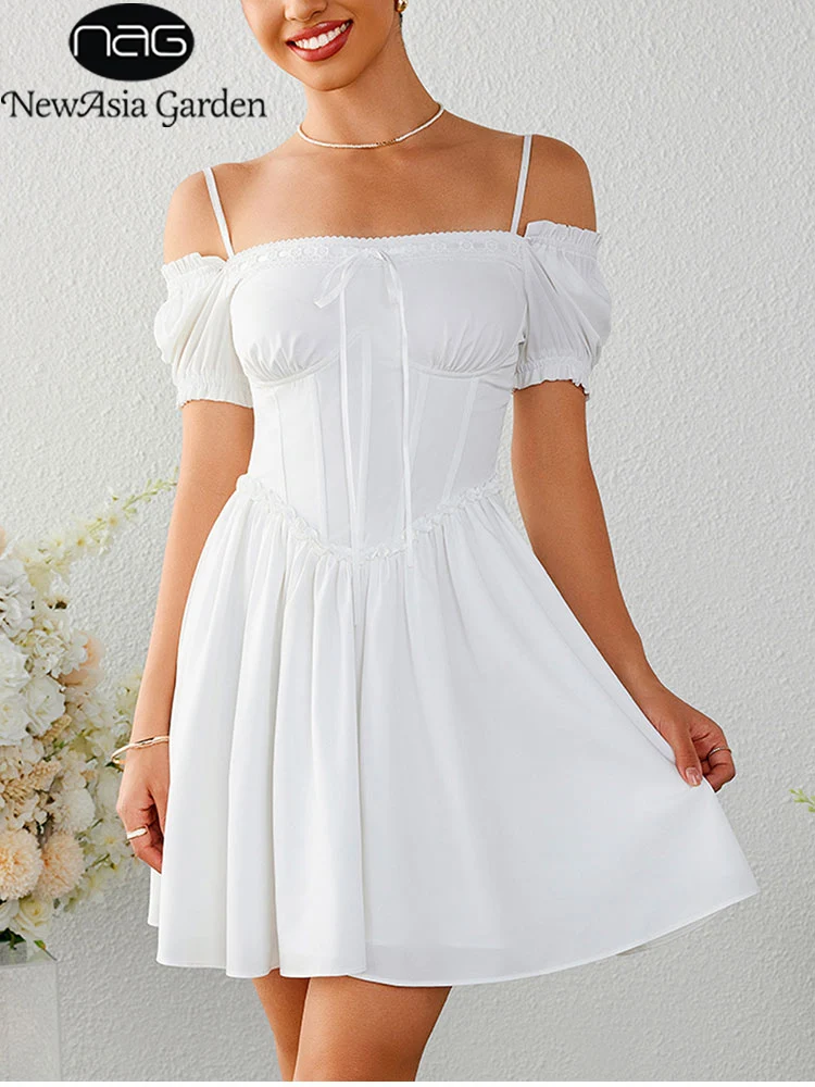 

NewAsia Puff Sleeve Square Neck Mini Corset Dress Double Backless Lace Up Casual Party Short Dresses White Women's Clothing