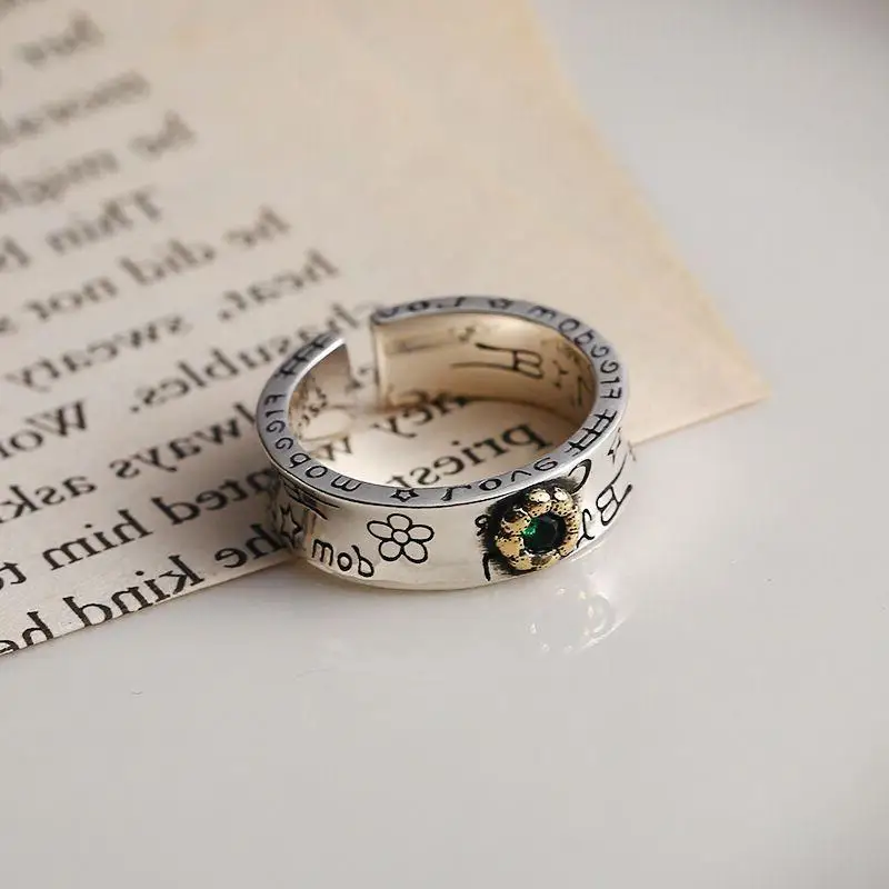Original Japanese and Korean style retro letter graffiti flower jade ring women's fashion personality casual trendy accessories