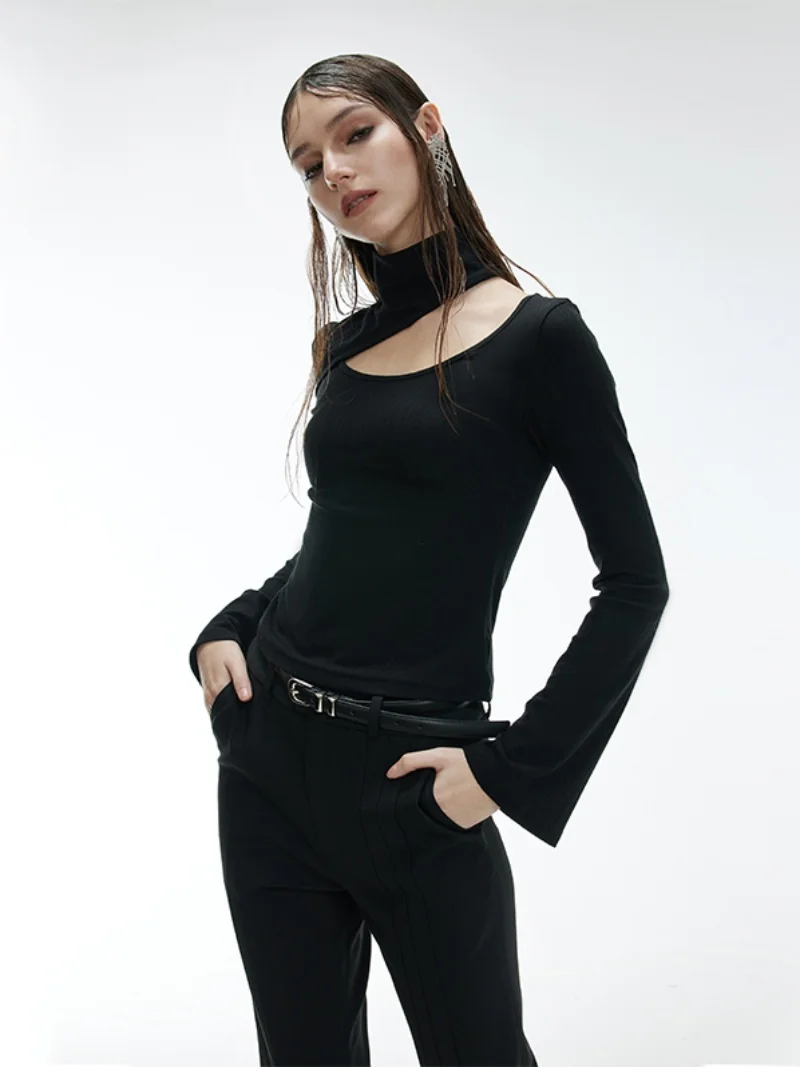 

ANTIFORM Оригинальный дизайн, вязаная футболка с вырезами, деконструированная, асимметричная, в стиле ретро, облегающая, женская, модная