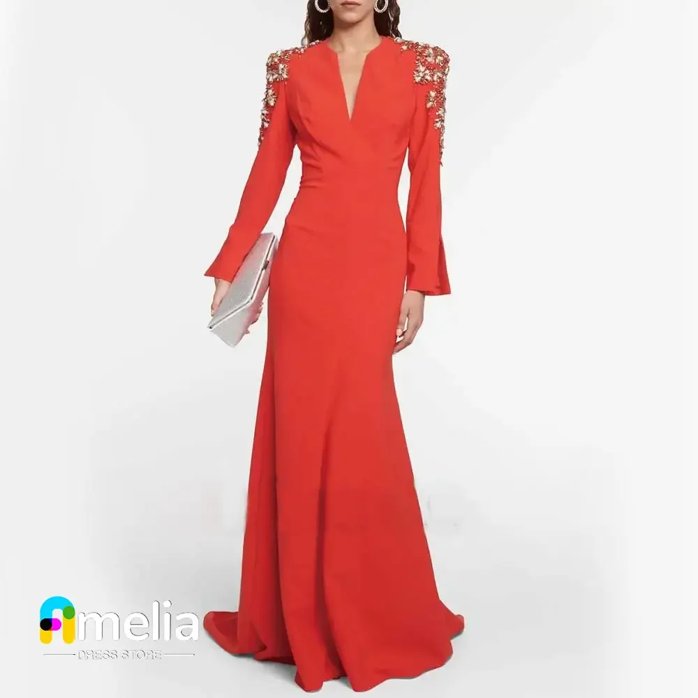 

Amelia V-Neck Prom Dress Long Sleeves Floor Length Evening Dress With Summer Women Wedding Party Formal Gowns Arabia