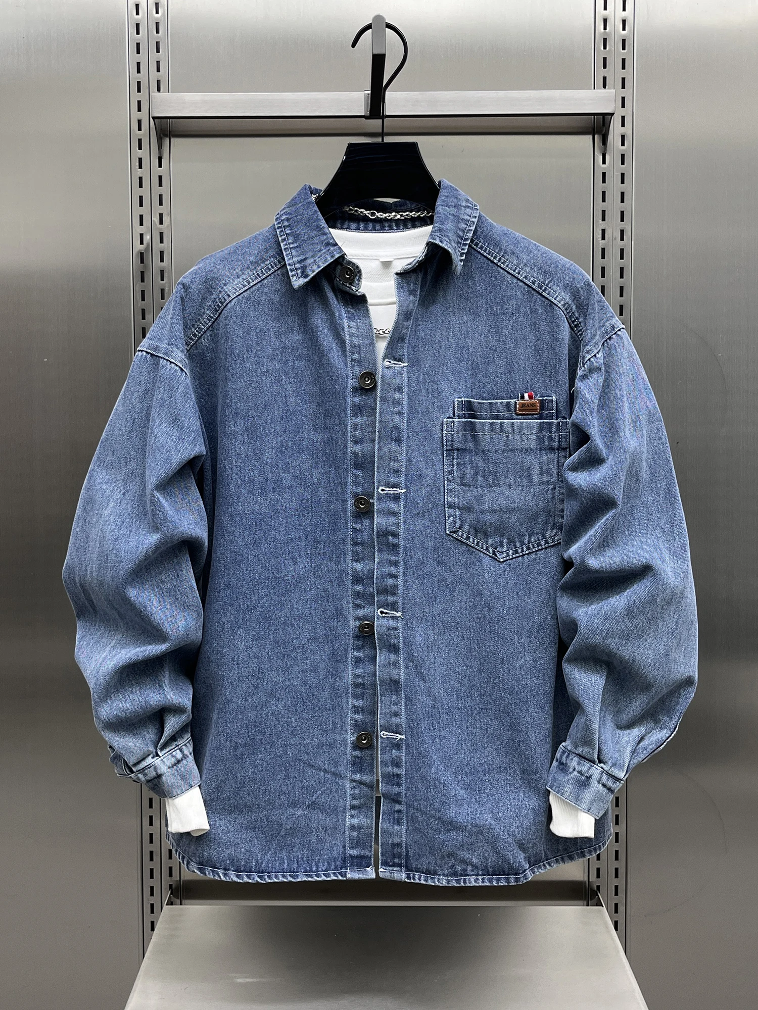 

Spring 2025 Loose Casual Collared Denim Jaet Men's Trendy American Retro Youth Haome Jaet Breathable Thin Long Sve