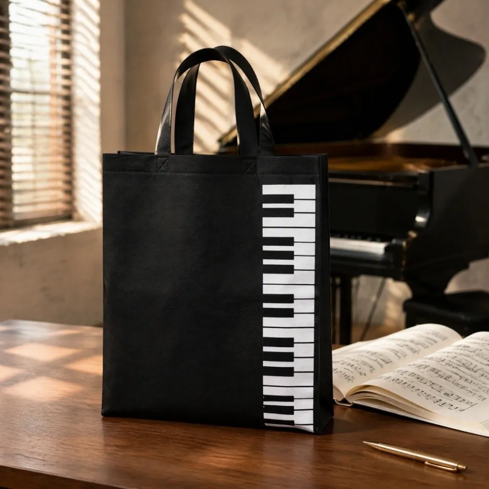 Reusable Music Handbag Non-woven Fabric Large Capacity Shopping Shoulder Bag Black + White Piano Keys Tote Daily Commute