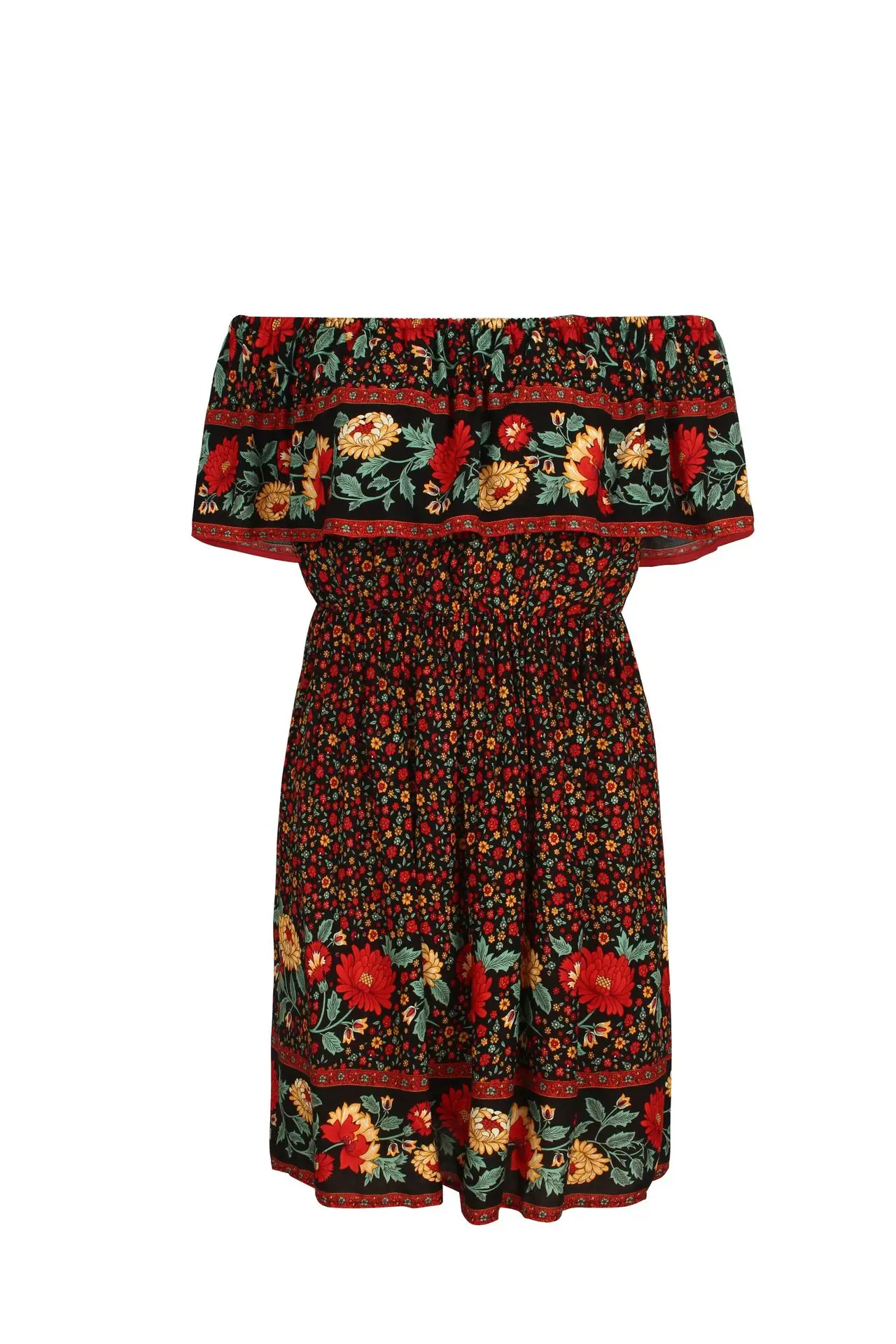 Schulterfreies Minikleid mit Blumendruck für Damen, Rüschenausschnitt und gesmoktem Taillendesign