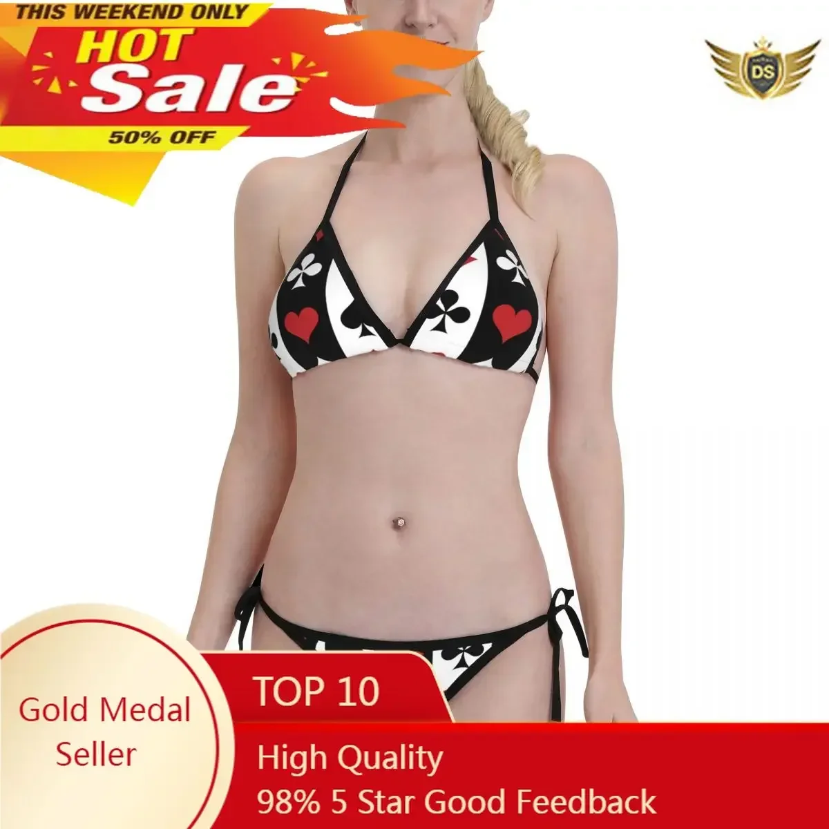 

Women Sexy Bikini Set Push-up Bra Halter Thong Brazilian Swimsuit Swimwear Beachwear Bathing Poker Red Black Alice In Wonderland