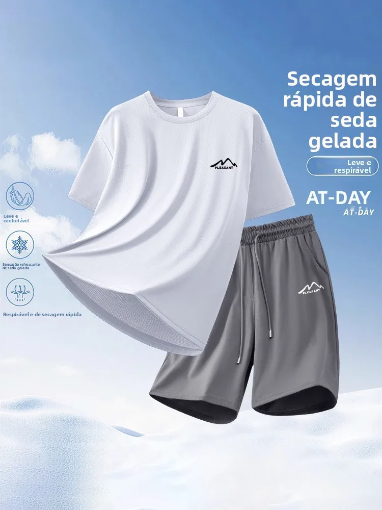速乾アイスシルクフィットネス半袖tシャツメンズショートパンツサマーレジャースポーツセットティーンエイジャー向け通気性ポリエステル繊維