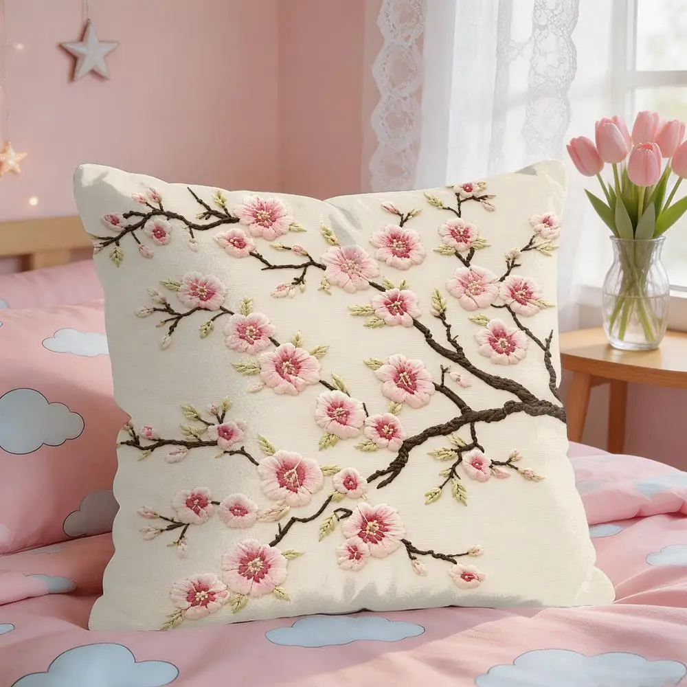 2D Print Oriental Sakura Floral Cherry Cushion Cover Short Plush Pillow Case Room Sofa Cushion Covers Home Decor Funda view 2