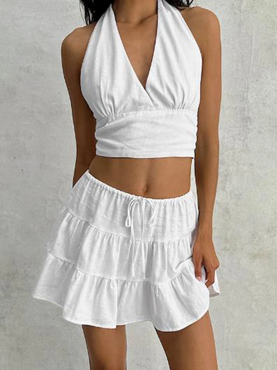 Women'S Two-Piece Suspender Collar Deep V-Neck Hanging Neck Ruffle Edge Backless Skirt Set White Vest Mini Drawstring Skirt Set