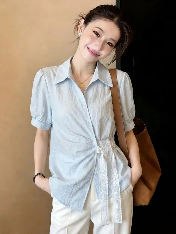 

Light Blue V-neck Short Sleeve Women's Shirt Lace Waist-cinching Tie Summer New Style plus Size Korean Style Commute Wind