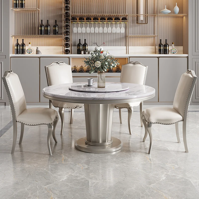 

American luxury marble round dining table and chair combination household champagne silver high-end round solid wood dining