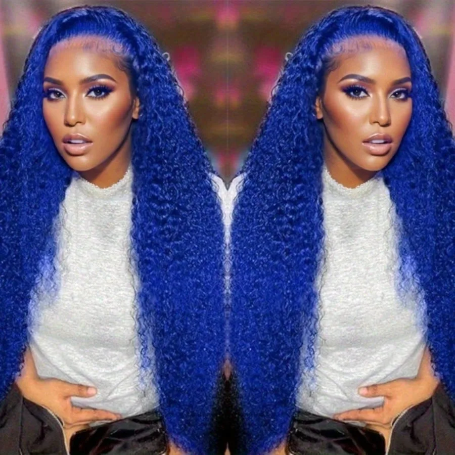 Parrucca blu Parrucca frontale allentata a onda profonda 13x4 HD Parrucca anteriore in pizzo trasparente Parrucca Glueless a densità 200% sintetica per le donne perruque