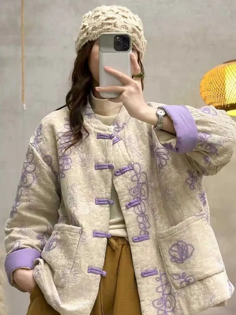 새로운 중국 스타일 자수 면 재킷 여성용 겨울 신상 레트로 민족 스타일 단추 개선형 탕복 면 코트