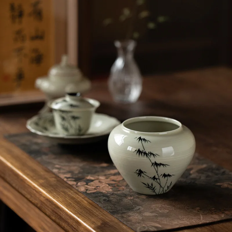 Ceramic Grass and Wood Gray Hand-Painted Jianshui Retro Exhausted Tea Jar Ceramic Tea Wash Kung Fu Tea Set Tea Ceremony Utensils