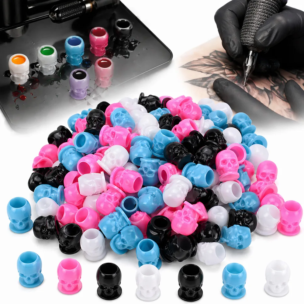 

200/100/50/10pcs Tattoo Skull Ink Cup with Base Disposable Pigment Holder Container Cap for Permanent Makeup Tattoo Supplies