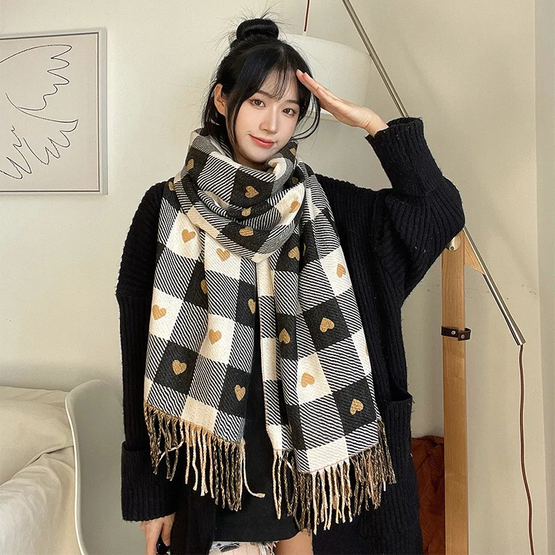 Fall Winter Imitation Cashmere Women's Double-sided Love Plaid Scarf Korean Tassel Warm Large Shawl Versatile Thick Wrap 2025 ﻿