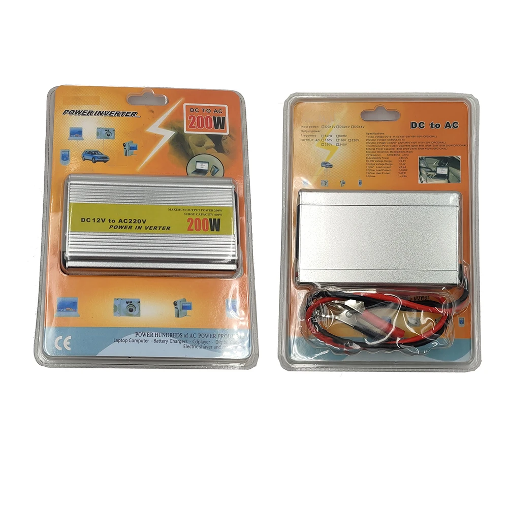 Портативный инвертор 200 Вт, уличный инвертор, солнечный инвертор, USB DC 12 В в AC 220 В, преобразователь USB, зажим для аккумулятора, универсальная розетка