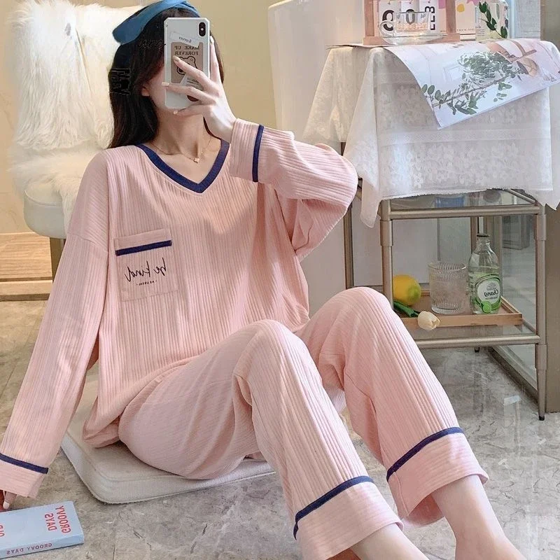 

Cotton Sleepwear Women Long Sleeve Pajamas Sets Pullover Kawaii Clothes Spring Autumn Nightwear Korean Homewear Set Pants New