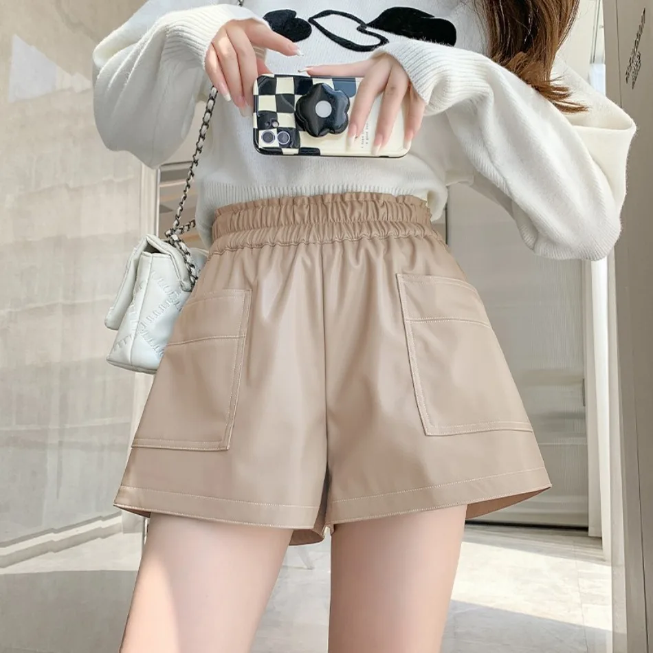 Herbst-Winter Koreanische Lose High-Street Schwarze Sexy Damen-Shorts mit Hoher Taille, Schnürung und Weitem Bein aus Leder – Detail 8