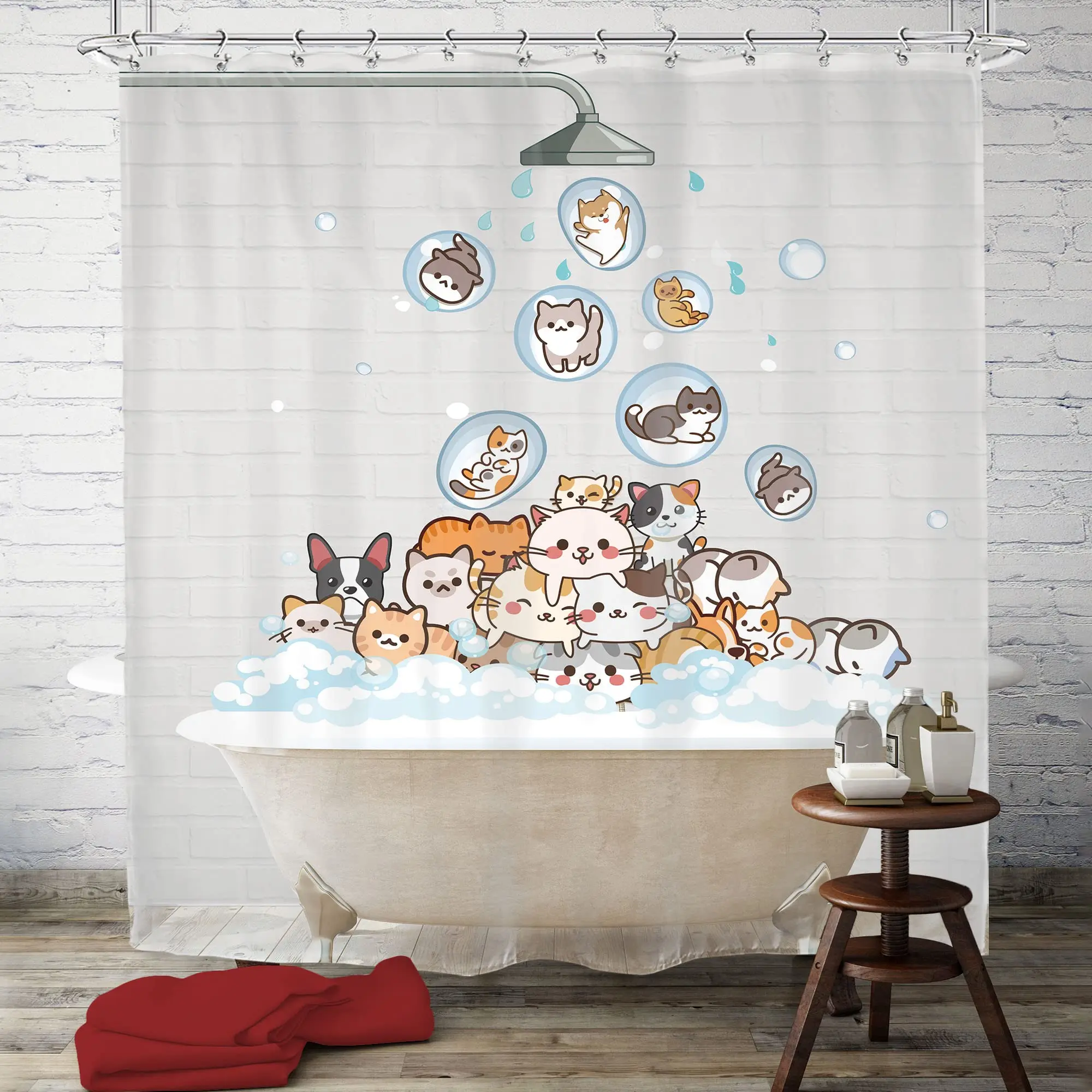 Cats and Dogs Shower Curtain Raining Cartoon Corgi Cute Animal Hilarious Pet Playing Water Polyester Waterproof Bathroom Curtain