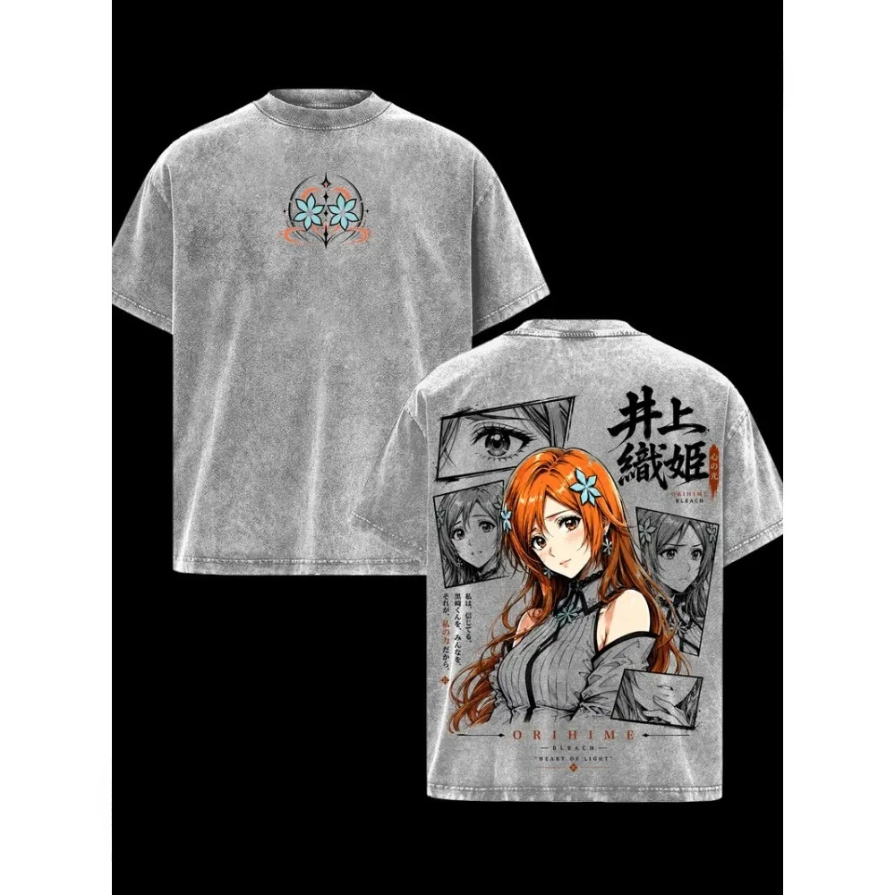 Manga BLEACH Inoue Orihime Kawaii Printed Tee Men Women Short Sleeve Clothing Washed Cotton T-shirt Casual Oversized T Shirt