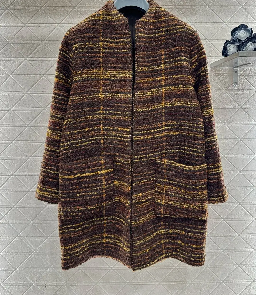 

Коричнево-желтое клетчатое пальто из грубой шерсти, свободный крой, элитная, ретро и элегантная, стильная повседневная уличная куртка.