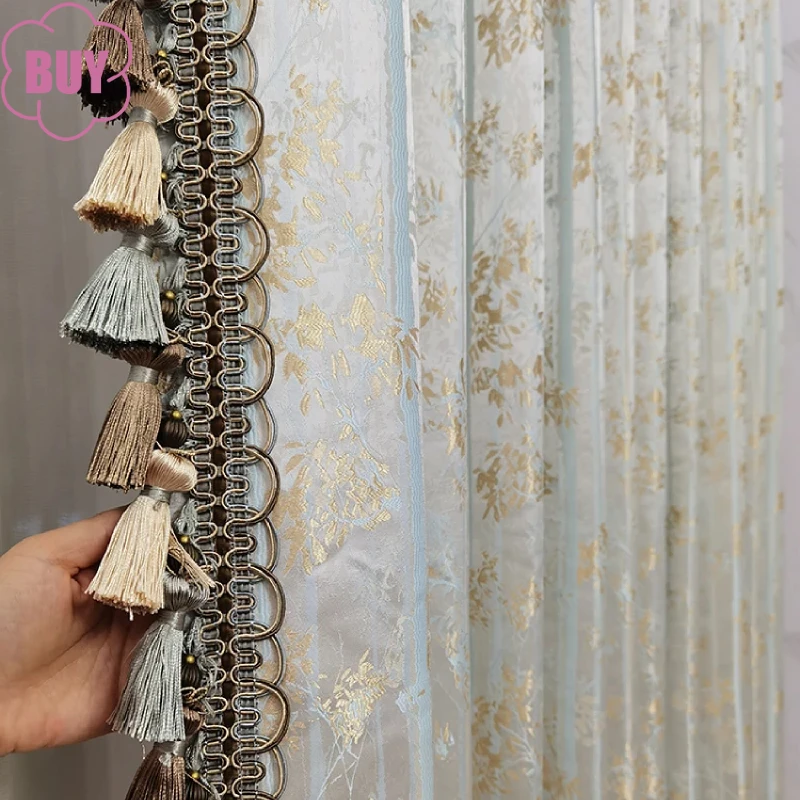 Grey Blue Marble Gilding Jacquard Thickened Curtains for Living Room Bedroom French Window Partition Curtain Study Finished