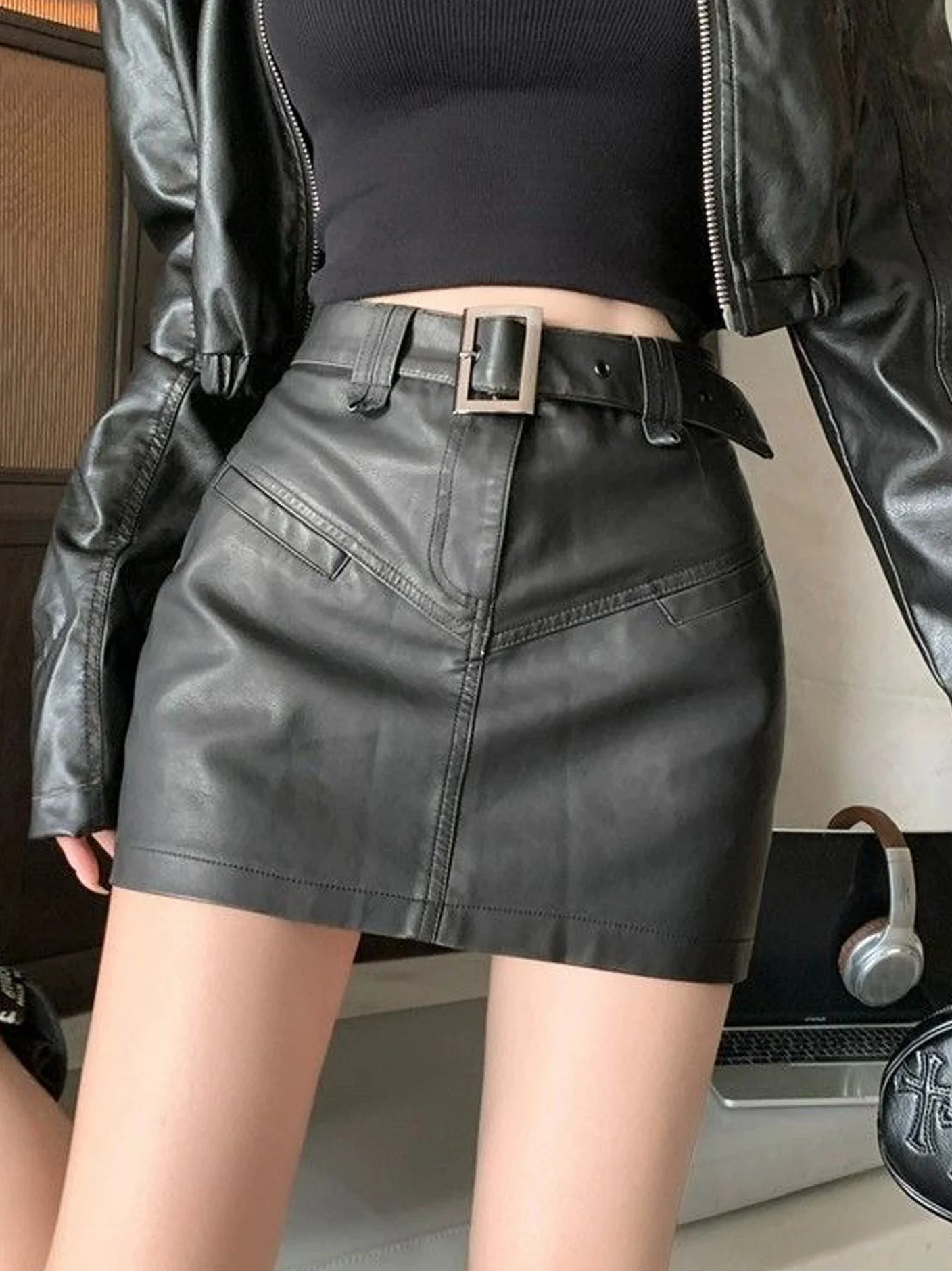 High Waist  Skirt Women's Sexy Short A-Line Skirt PU Leather Anti-Light Walking Small Size Girls' Spring Autumn Fashion