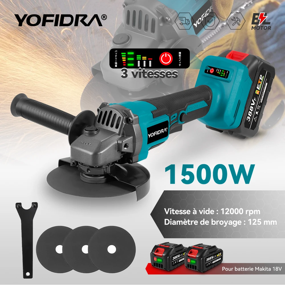 YOFIDRA 125mm meuleuse d'angle sans brosse 12000 tr/min outil électrique de polissage de coupe sans fil avec 3 lames de scie pour broche de batterie Makita