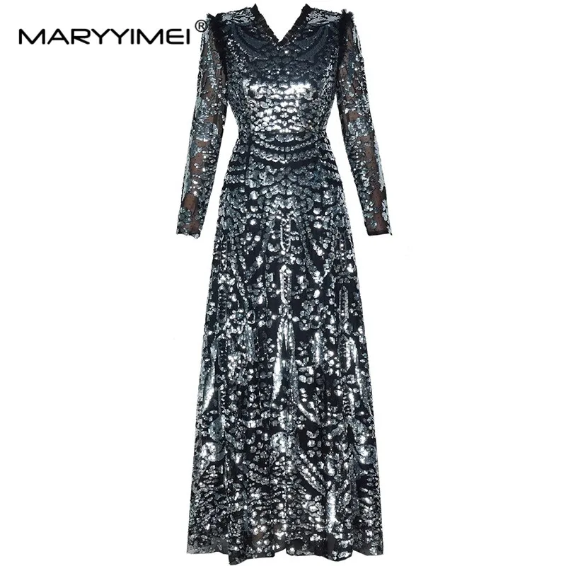 MARYYIMEI Fashion Runway Autumn and Winter Long Sleeve Maxi Dress Women's High Waist Sequins Elegant Party Holiday Long Dresses