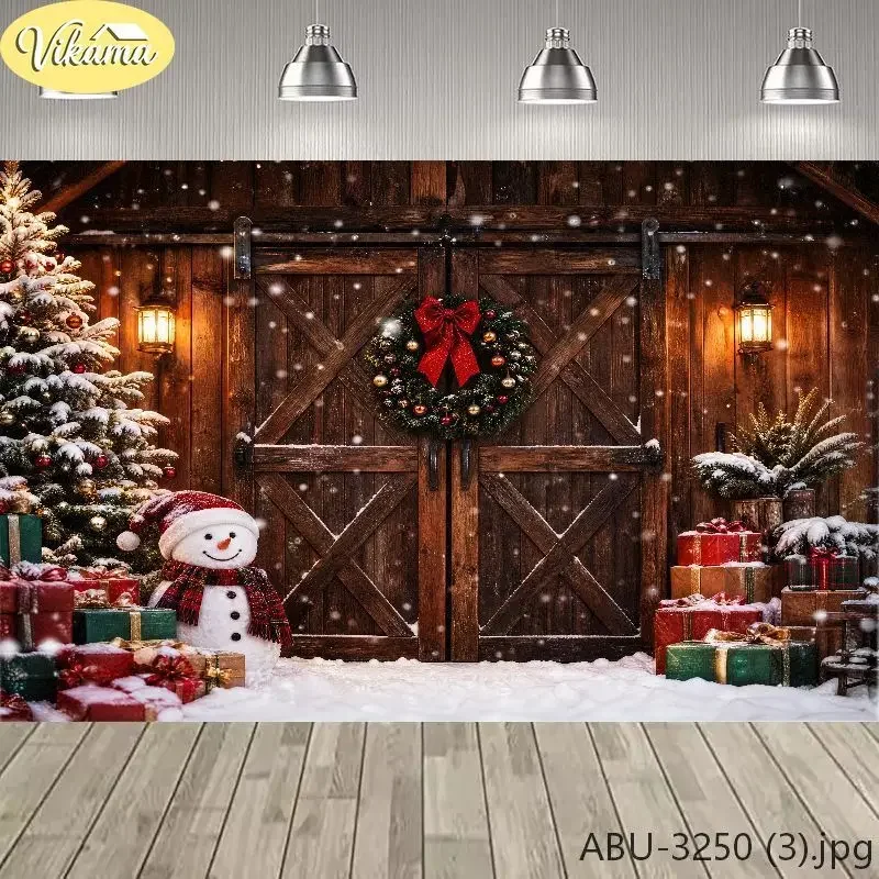 VIKAMA Photography Background Christmas Wooden Door Wreath Snowman Backdrop for Party Birthday Photo Booth Home Decor
