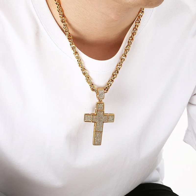 Hip Hop Full Rhinestone Stainless Steel Cross Pendant Necklace for Men Larger 18K Gold Color Cross Party Jewelry Gift CNC Stone