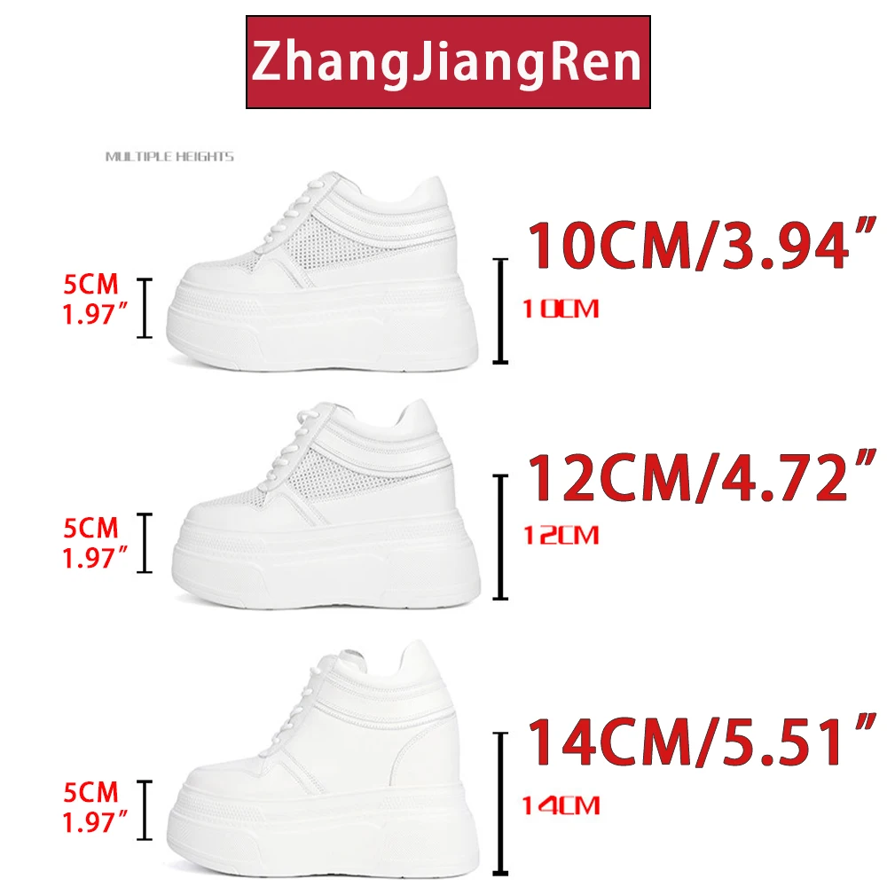 ZJR 10-14cm Chunky Sneakers Women Platform Shoes Elevator Shoe White Mesh Breathable Sneakers Real Leather Increasing Shoes