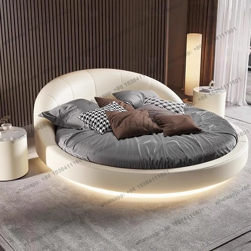 

Luxury leather round Double bed 2 people full size bed frame bedroom beds queen beds frames LED lights furniture