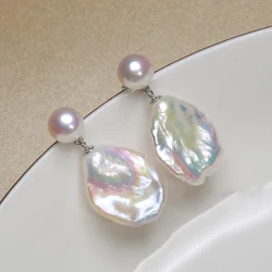 Natural Freshwater Double Pearl Baroque Petal Pearl Stud earrings 925 sterling silver  Fine Jewelry for Women 7-8MM&15-22mm EAF