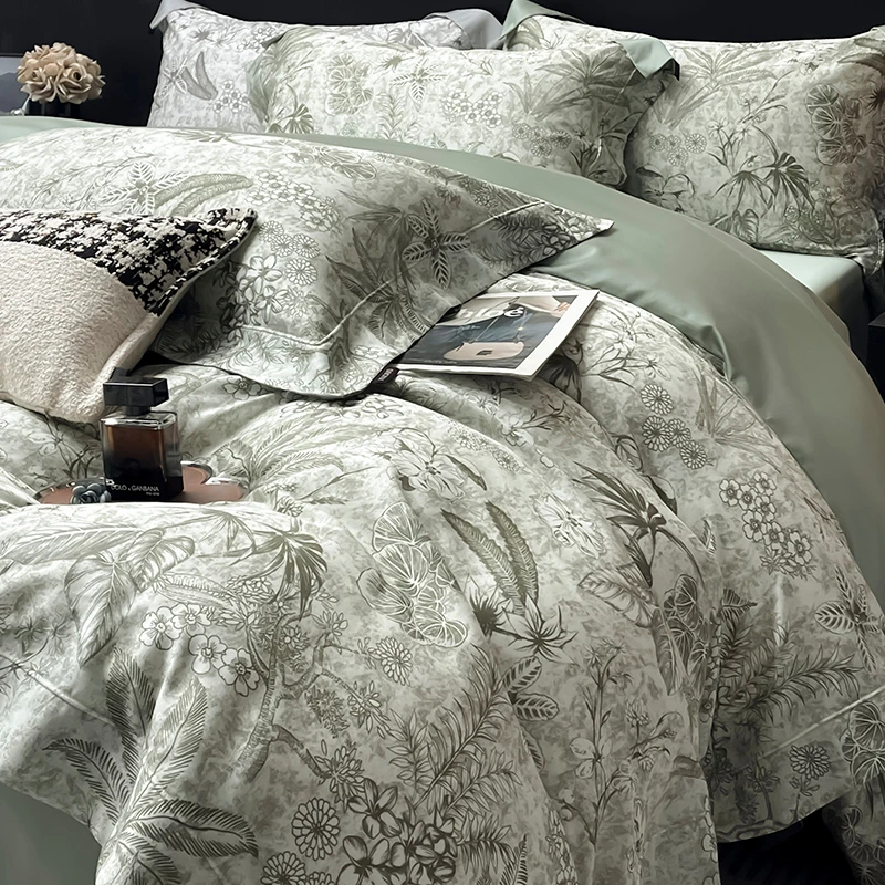 Lyocell Cotton Blend Bedding Set Botanical Perfect for Summer Leaves printed Soft Smooth Breathable Duvet cover Sheet Pillowcase