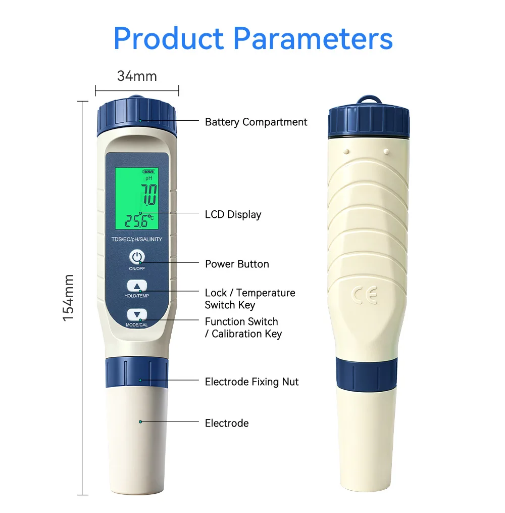5 in 1 Water Quality Test Pen Digital PH TDS EC Salinity Temp Detector Backlit Multiparameter Water Analyzer for Marine Aquarium