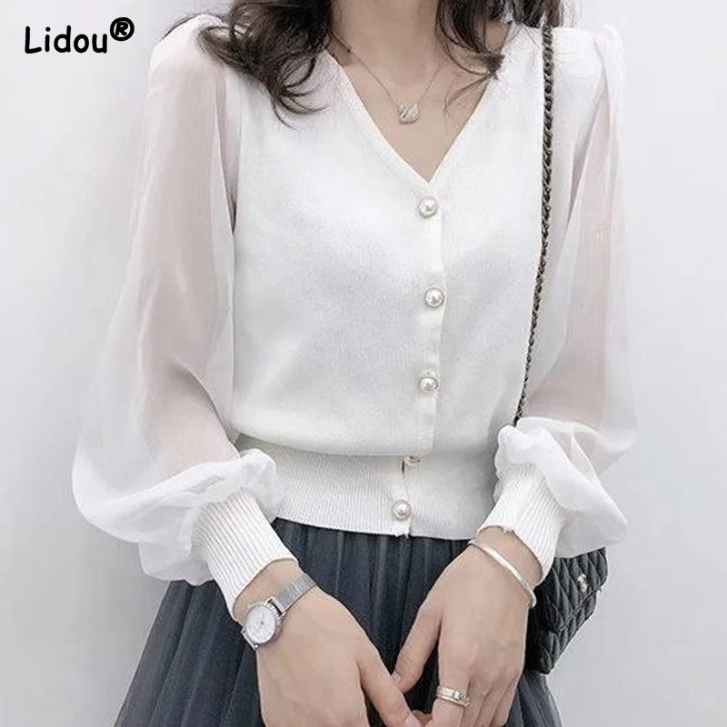 

Spring Autumn Solid Color Button V-neck Gauze Long Sleeved Women's Clothing Fashion Casual Chiffon Thin Black White Wild Shirts