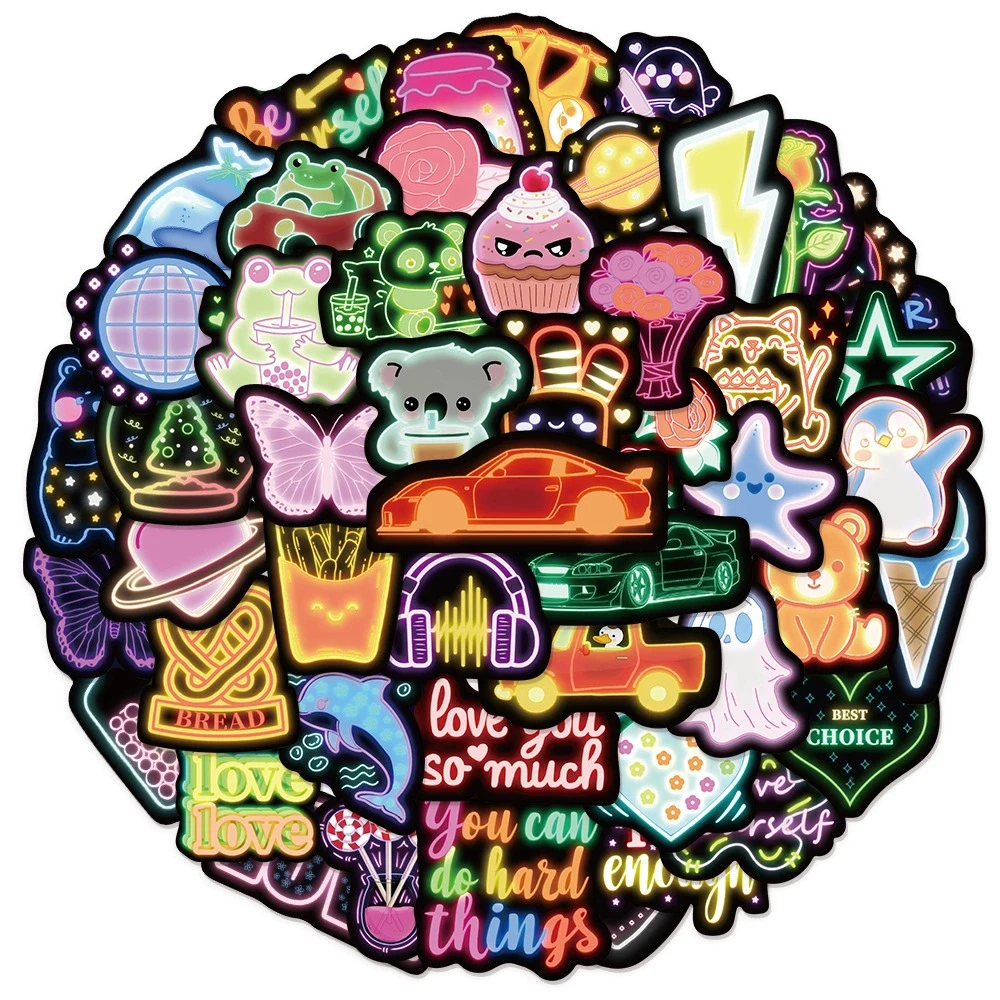 

10/30/50pcs Cute Cartoon Neon Light Stickers Aesthetic Kids Gifts Decals DIY Stationery Phone Laptop INS Kawaii Graffiti Sticker