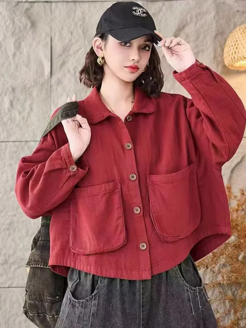 

2026 Spring Chinese Style Lapel Collar Buckle, Large Pocket Short Coat, Women's Loose Casual Versatile Jacket Trendy J1122