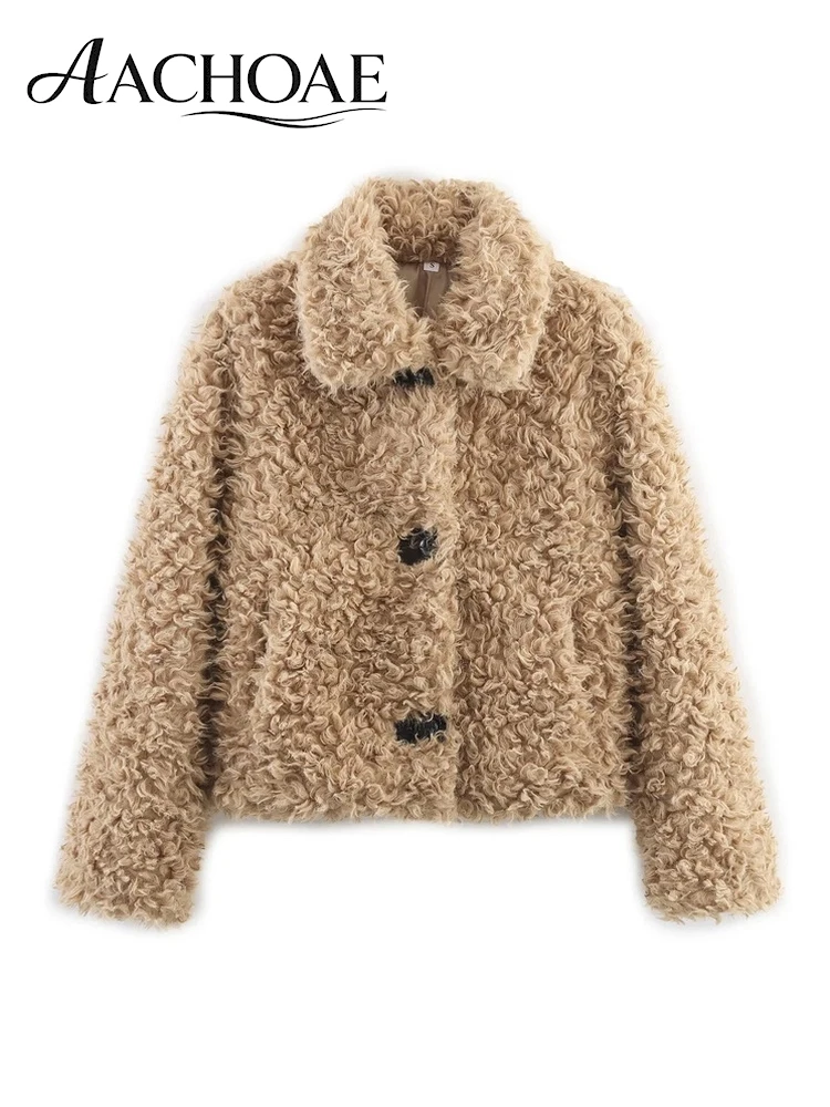 AACHOAE Women's Faux Fur Cropped Jacket Teddy Plush Coat Oversized Collar Button Front Warm Faux Shearling Winter Outerwear