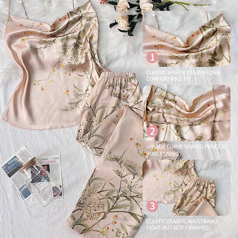 

Print Flower Pyjamas Set 2Pcs Homewear Women's Satin Sleepwear Sexy Pajamas Suit Strap Top&pants Spring Summer New Lingerie