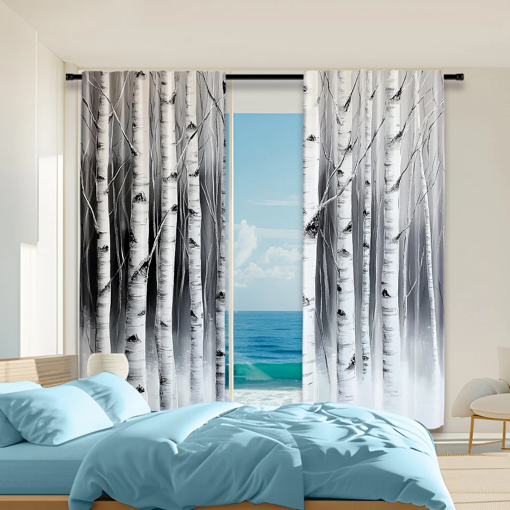 2Pcs Birch Forest Print Window Curtains Rod Pocket Design For Easy Hanging Perfect For Bedroom Living Room Office And Home