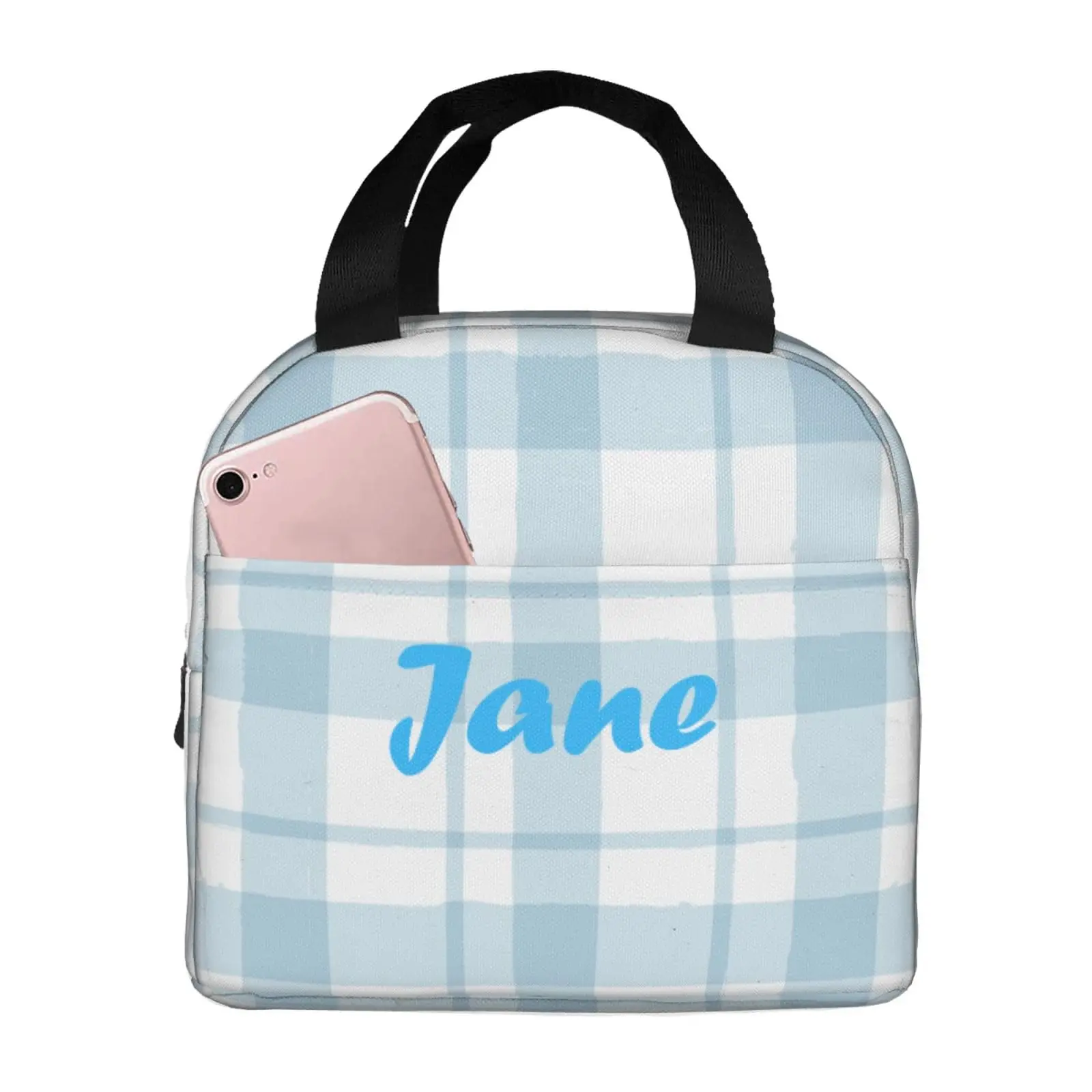 

Custom Lunch Bag Plaid Blue Check Personalized Insulated Lunch Box with Name Reusable Cooler Tote for Adults Student Girl
